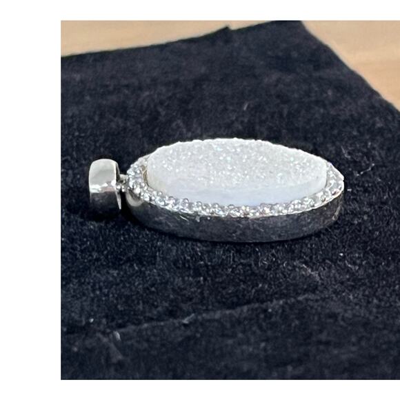 Sterling Silver 925 White Druzy Pendant with CZ Halo Sparkle Stone Jewelry Gift - Picture 2 of 7